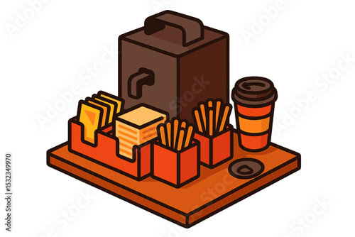 Coffee Station Icons. Isometric flat vector illustration of a self-serve coffee station with sugar, napkins, stirrers, and