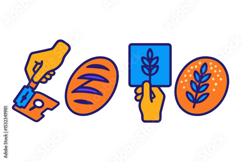 Bread Scoring Demo. Isometric flat vector illustration of a hands-on bread scoring demo with razor blade, stencil, and flour