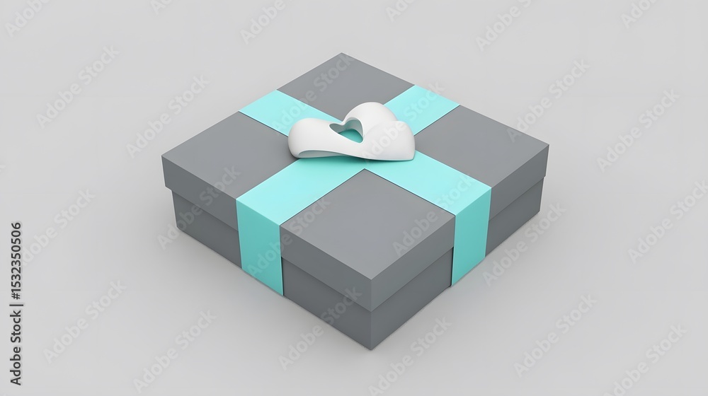 Fototapeta premium Elegant Gray Gift Box with Teal Ribbon and Heart Bow