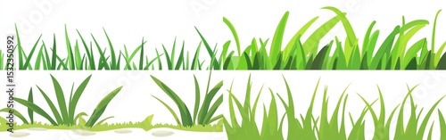 Four sections of cartoon green grass, different textures, white background