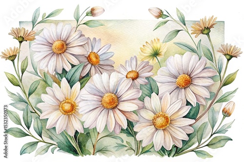 Beautiful watercolor painting of daisies with green leaves and a light background