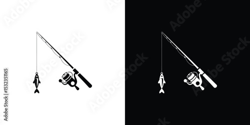 Stylized Fishing Rod with Fish Bait and Reel Black and White Illustration