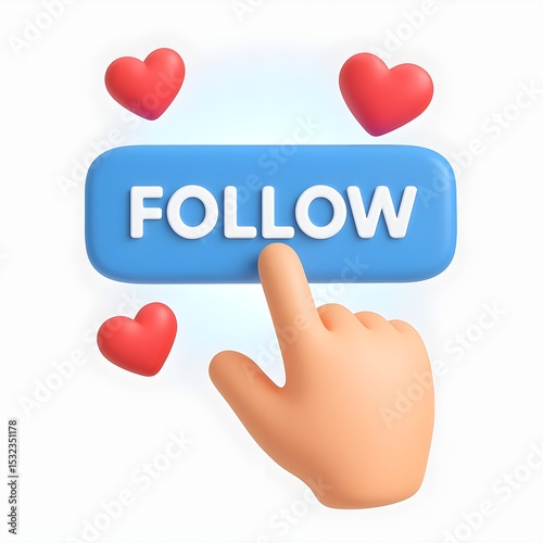 3D illustration of a hand pressing a blue “FOLLOW” button with floating red heart icons on a white background. Perfect for social media, UI/UX design, and digital marketing visuals