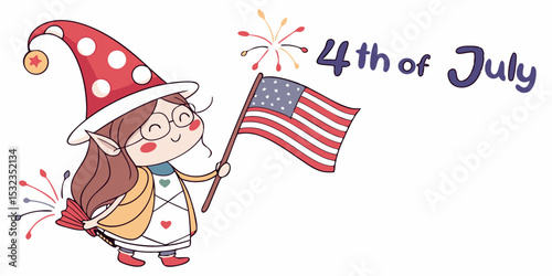 Cute gnomes girl holding fireworks, American flag, Celebrating of 4th of July celebrations independence day   vector clipart in white background vector illustration.
