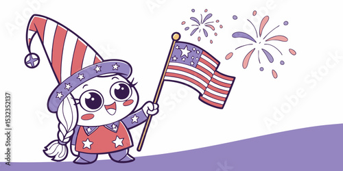 Cute gnomes girl holding fireworks, American flag, Celebrating of 4th of July celebrations independence day   vector clipart in purple white background vector illustration.
