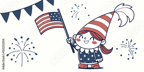 Cute gnomes girl holding fireworks, American flag, Celebrating of 4th of July celebrations independence day   vector clipart in navy blue  white background vector illustration.

