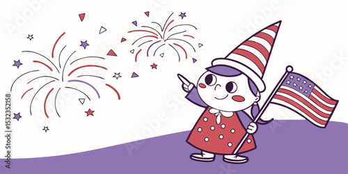Cute gnomes girl holding fireworks, American flag, Celebrating of 4th of July celebrations independence day   vector clipart in purple white background vector illustration.
