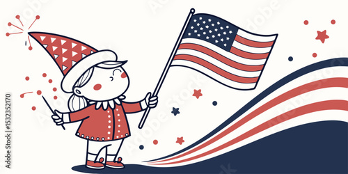 Cute gnomes girl holding fireworks, American flag, Celebrating of 4th of July celebrations independence day   vector clipart in navy blue  white background vector illustration.
