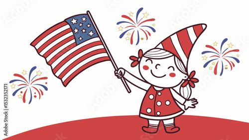 Cute gnomes girl holding fireworks, American flag, Celebrating of 4th of July celebrations independence day   vector clipart in red white background vector illustration.

