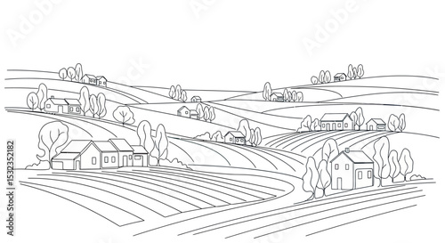 Rural landscape with houses hills and trees line art drawing
