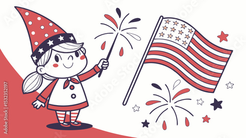 Cute gnomes girl holding fireworks, American flag, Celebrating of 4th of July celebrations independence day   vector clipart in red white background vector illustration.
