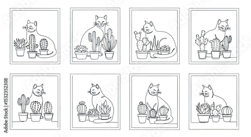 Cat with potted cactus plant line art drawings
