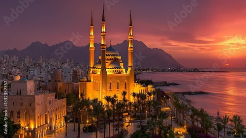 Majestic Mohammad Al-Amin Mosque at sunset in Beirut, Lebanon - Aerial View