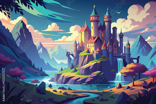 Fairytale castle at night, a fantasy landscape illustration with a moonlit sky and towering architecture