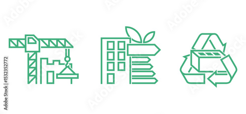 Green house icons - recyclable materials, lean construction, energy-efficient building. in bold line