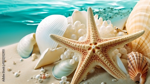 A close-up, high-definition image of a teal starfish with polished cream pearls and small spiral seashells scattered organically on white sand, creating a natural beach composition.