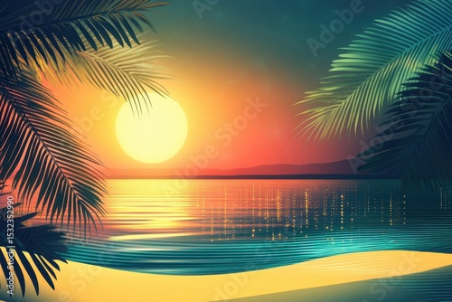 Tropical Sunset Beach with Palm Leaves and Sparkling Water Reflections.