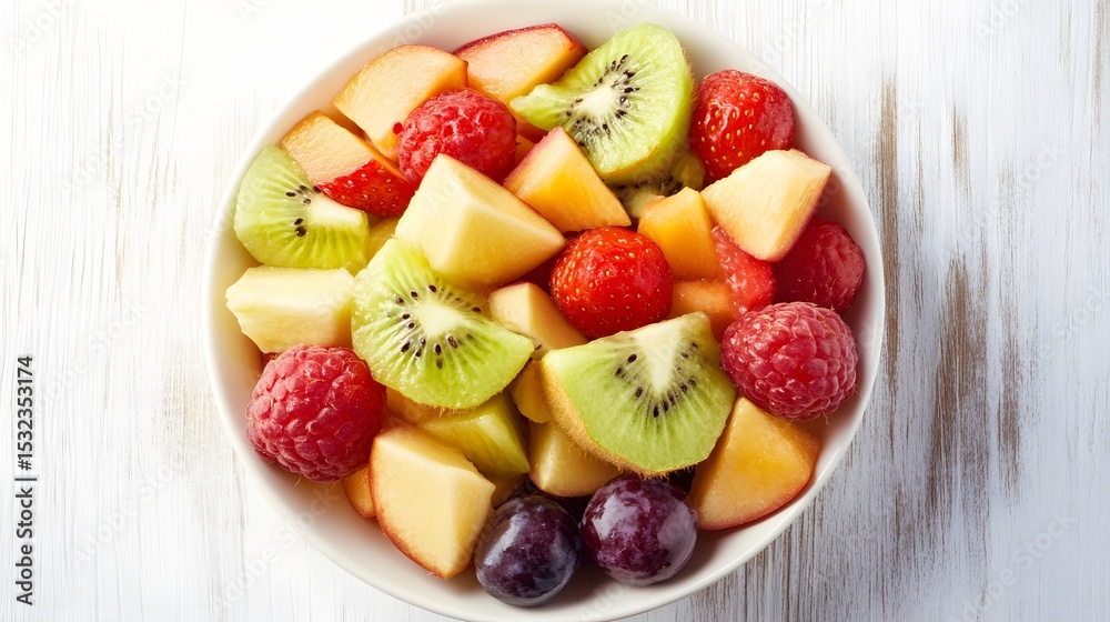 Delicious Mixed Fruit Salad in Bowl Top View Delicious Mixed Fruit Salad in Bowl Top View