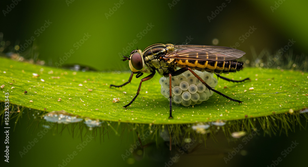 Fototapeta premium Female Horsefly Laying Eggs on Aquatic Vegetation