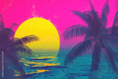 Vibrant Tropical Sunset with Palm Trees and Ocean Waves in Neon Colors.