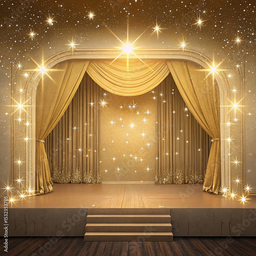 Cream stage background with golden light and glittering star effects.