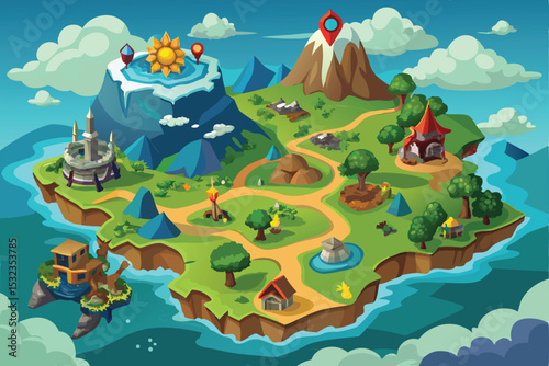 Winter nature landscape vector illustration with a charming house and a majestic castle