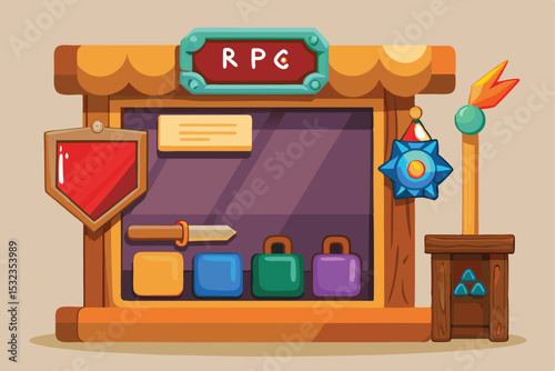 Cartoon vector illustration of a shop window and store interior with furniture, design, and architecture elements