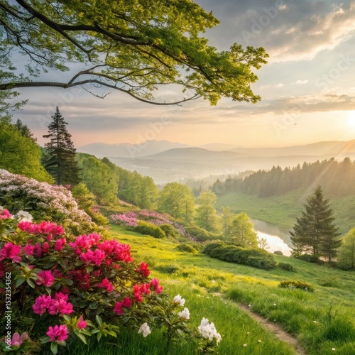 spring landscape with blooming trees, Branches blossoming cherry on background blue sky, Pink sakura flowers, amazing colorful dreamy romantic artistic image spring nature, copy space