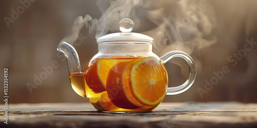 Steaming Orange Tea in a Glass Teapot with Citrus Slices on a Wooden Table

