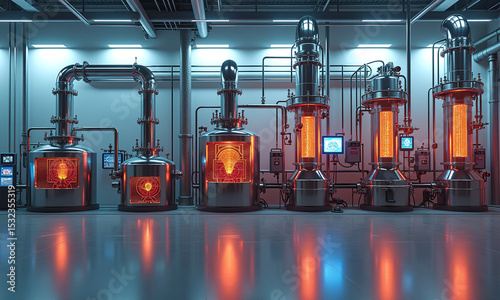 Vertical reactor chambers in high-tech lab glow with bright orange light.