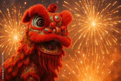 Vibrant lion dance performance with colorful fireworks in celebration