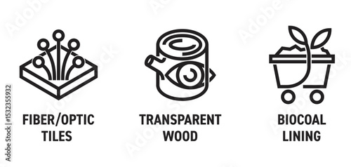 Innovative building materials - Transparent wood, Biocoal lining, Fiber Optic tiles. Icons set