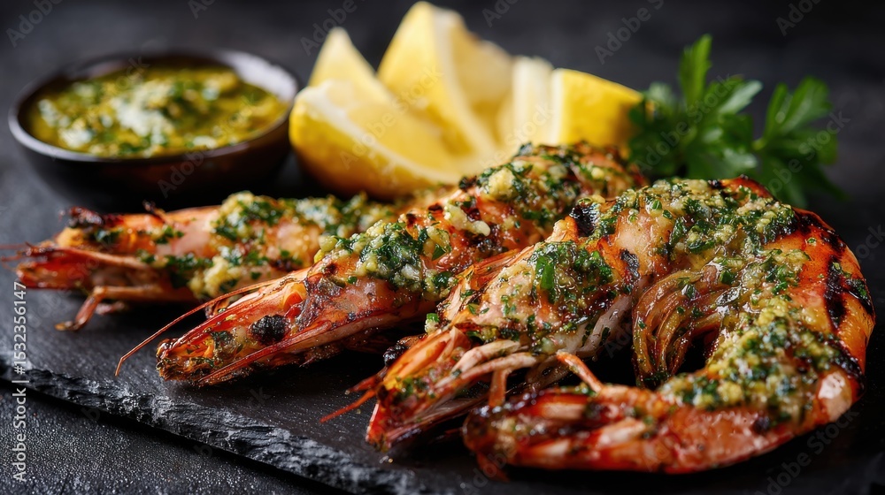 Juicy grilled shrimp are beautifully garnished with fresh herbs and served alongside lemon wedges and a rich green sauce. The dish is elegantly arranged on a dark slate plate Juicy grilled shrimp are beautifully garnished with fresh herbs and served alongside lemon wedges and a rich green sauce. The dish is elegantly arranged on a dark slate plate