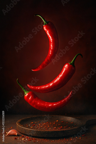 Low-Angle Cinematic Shot of Flying Red Chillies with Spice Dust – Dramatic Food Advertising Visual with Golden Lighting