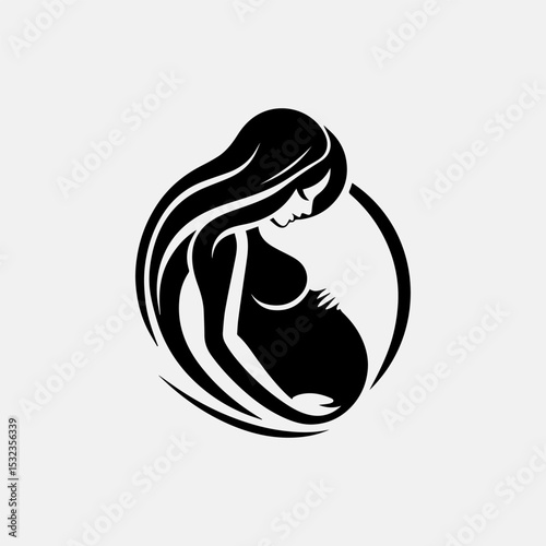 Elegant maternity silhouette logo featuring pregnant woman cradling baby bump with tender gesture in monochrome vector