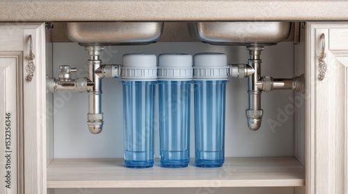 A modern kitchen features an under sink water filtration system with three transparent blue cartridges