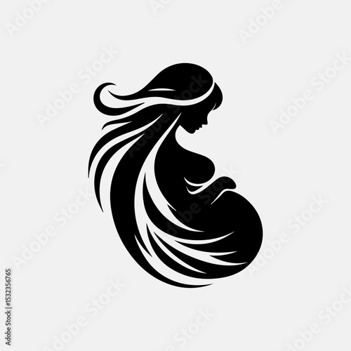Minimalist motherhood emblem showcasing pregnant silhouette with protective hands on belly in striking black and white
