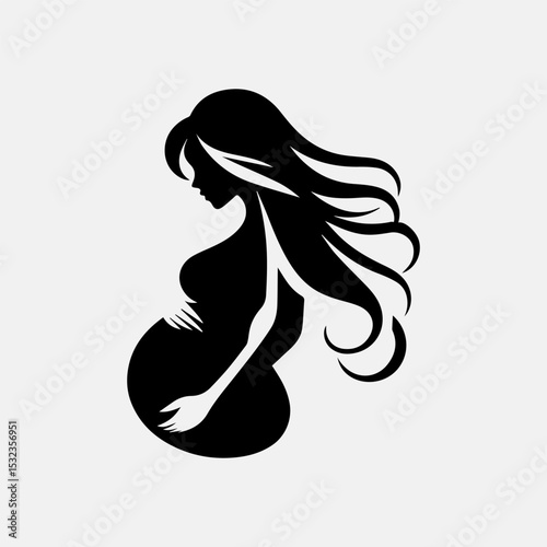 Minimalist motherhood emblem showcasing pregnant silhouette with protective hands on belly in striking black and white