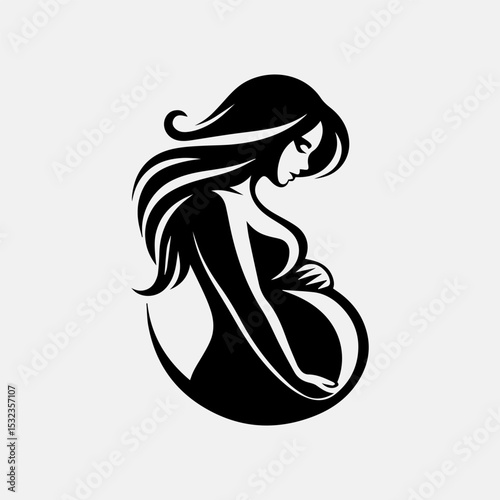Tender pregnancy vector logo with graceful silhouette of expectant mother embracing her rounded belly in monochrome