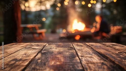 Campfire at night with wooden table in foreground and blurred lights creating a cozy outdoor vibe