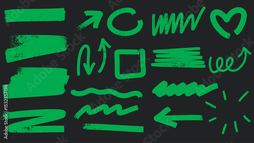 Set of bright neon marker strokes and arrows. Hand drawn green acid highlighters. Brush doodles for text design, vector elements