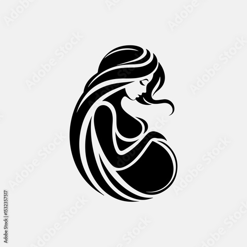 Heartwarming maternity silhouette emblem depicting pregnant woman lovingly holding her baby bump in pure black and white