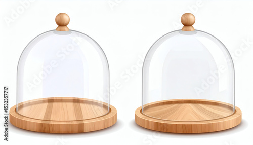 Glass dome and wooden tray realistic set – transparent glass covers with light wood base, cloche display domes of various shapes isolated on white background for kitchen, decor, or food presentation