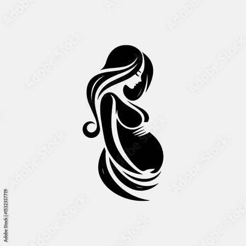 Heartwarming maternity silhouette emblem depicting pregnant woman lovingly holding her baby bump in pure black and white