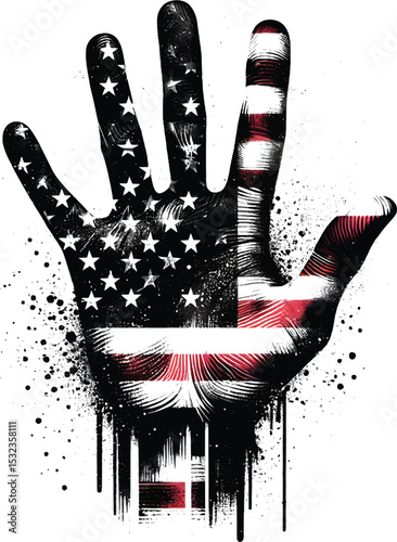  An artistic depiction of a handprint merged with the American flag, featuring bold splatter effects on a white background. Represents patriotism.