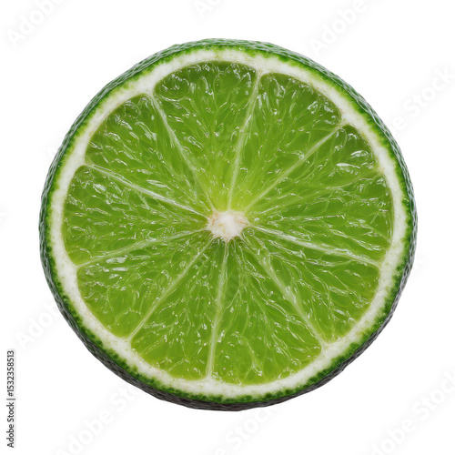 Fresh, vibrant green lime slice with visible juicy segments and thin white rind, isolated on transparency background. citrus fruit texture and color are highlighted