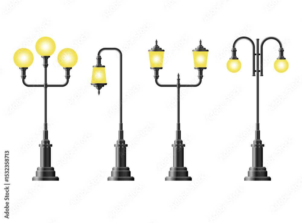 Four distinct streetlights stand in a row, illuminating the area with their warm, yellow glow, adding charm and safety to urban spaces.