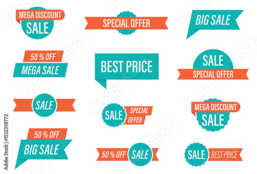 Eye-catching sale banners with various promotional offers, including mega discounts, big sales, and special offers on a clean white background.