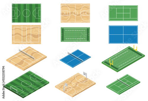 A collection of illustrated sports fields and courts, each one representing a different game. From soccer to basketball, a variety of games.