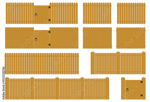 Assorted wooden fence panels and gate sections in different styles and sizes, displayed against a plain white background.